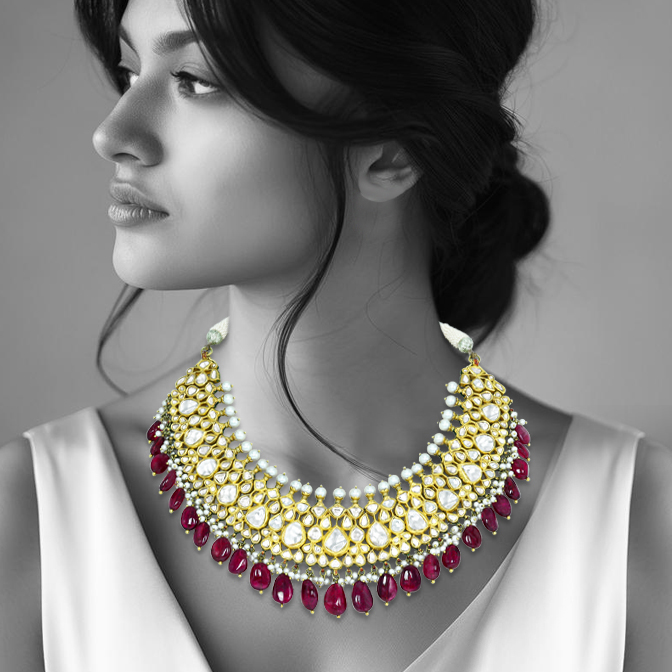 Layered Polki Necklace with Tourmaline Drops and Pearl Borders